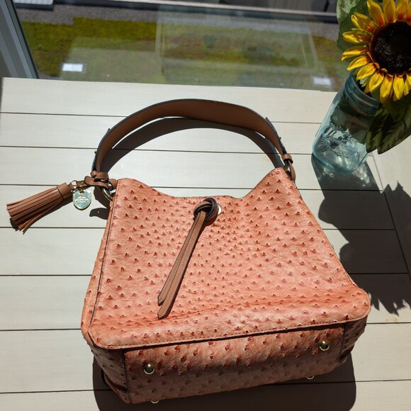 London Fog Handbags - London Fog Ostrich Vegan Faux Bucket Shoulder Bag Large Hobo Brown Tassel Logo